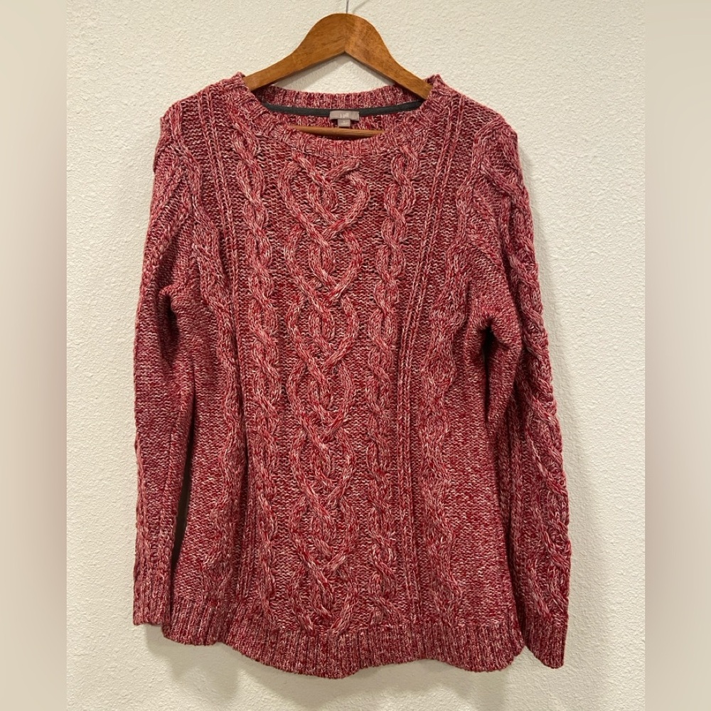 J. Jill Lg Long Sleeve Crew Neck Chunky Cable Knit Sweater Red White Heathered